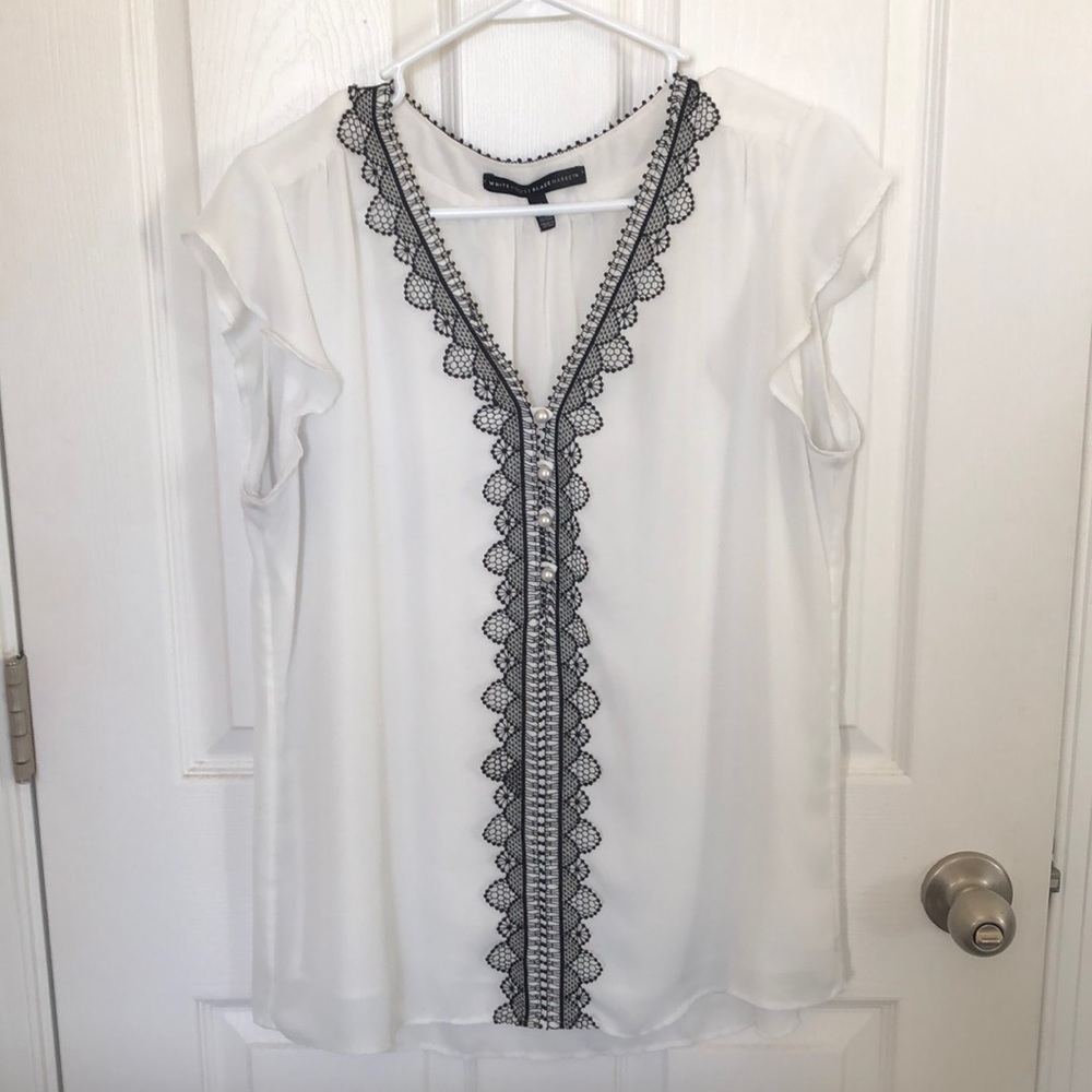 Beautiful white blouse with black lace trim